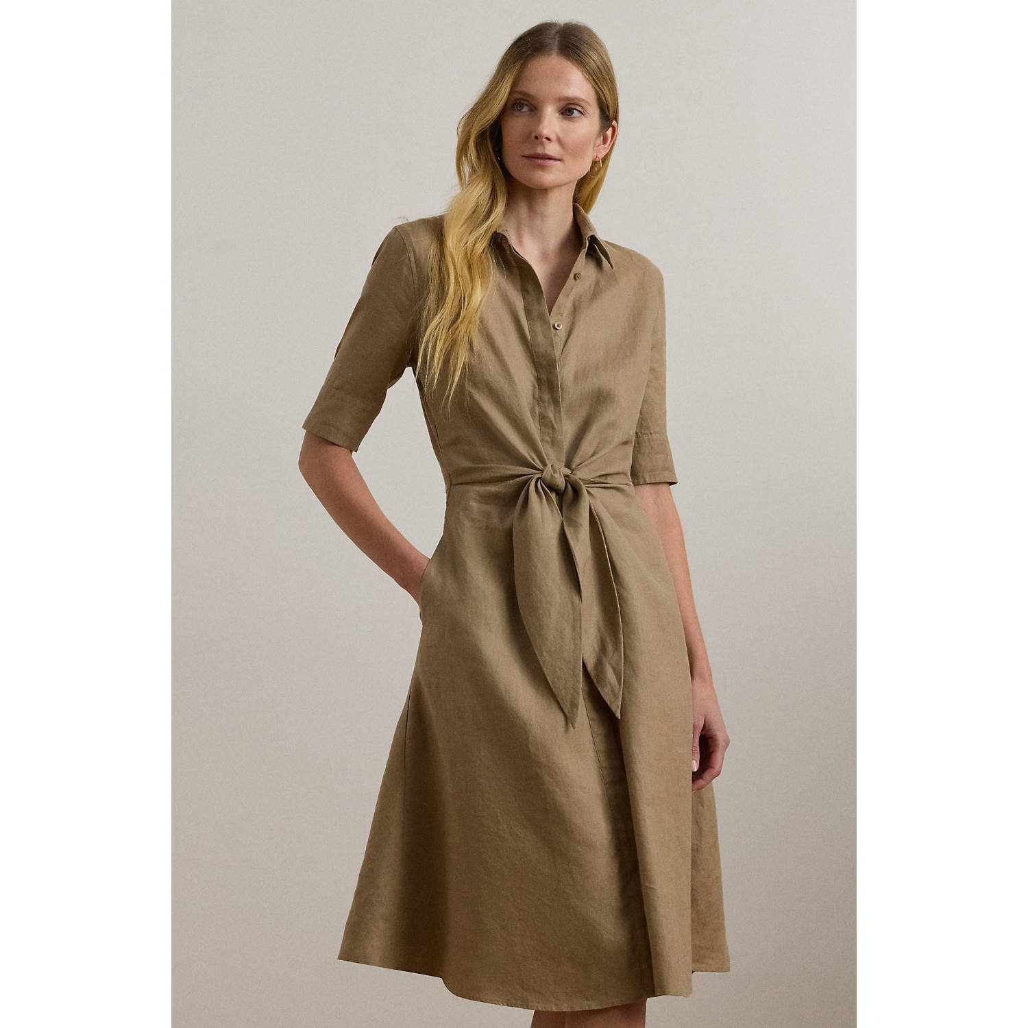 Lauren Ralph Lauren Knielange linnen jurk met strikceintuur model 'WAKANA'
