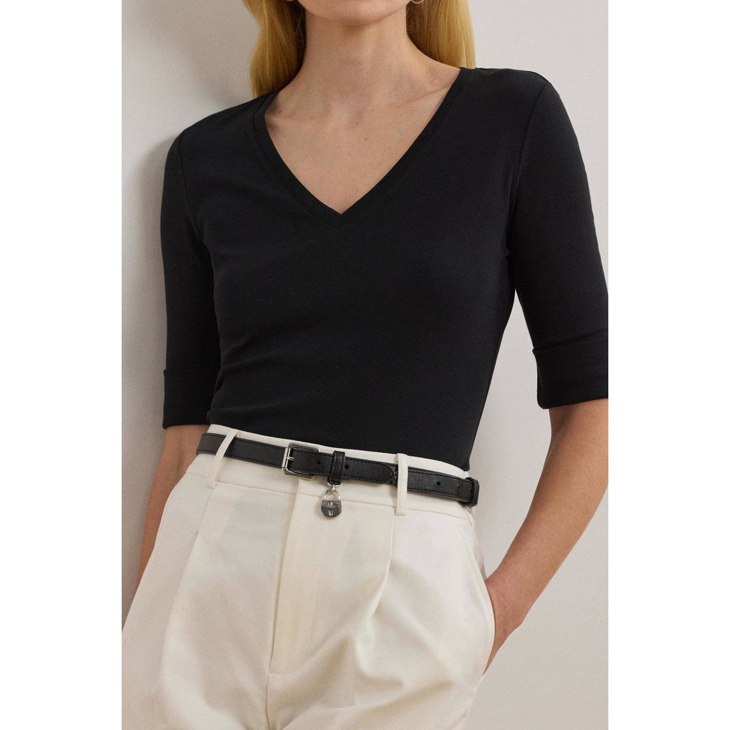 Lauren Ralph Lauren T-shirt met geribde V-hals model 'JUDY'