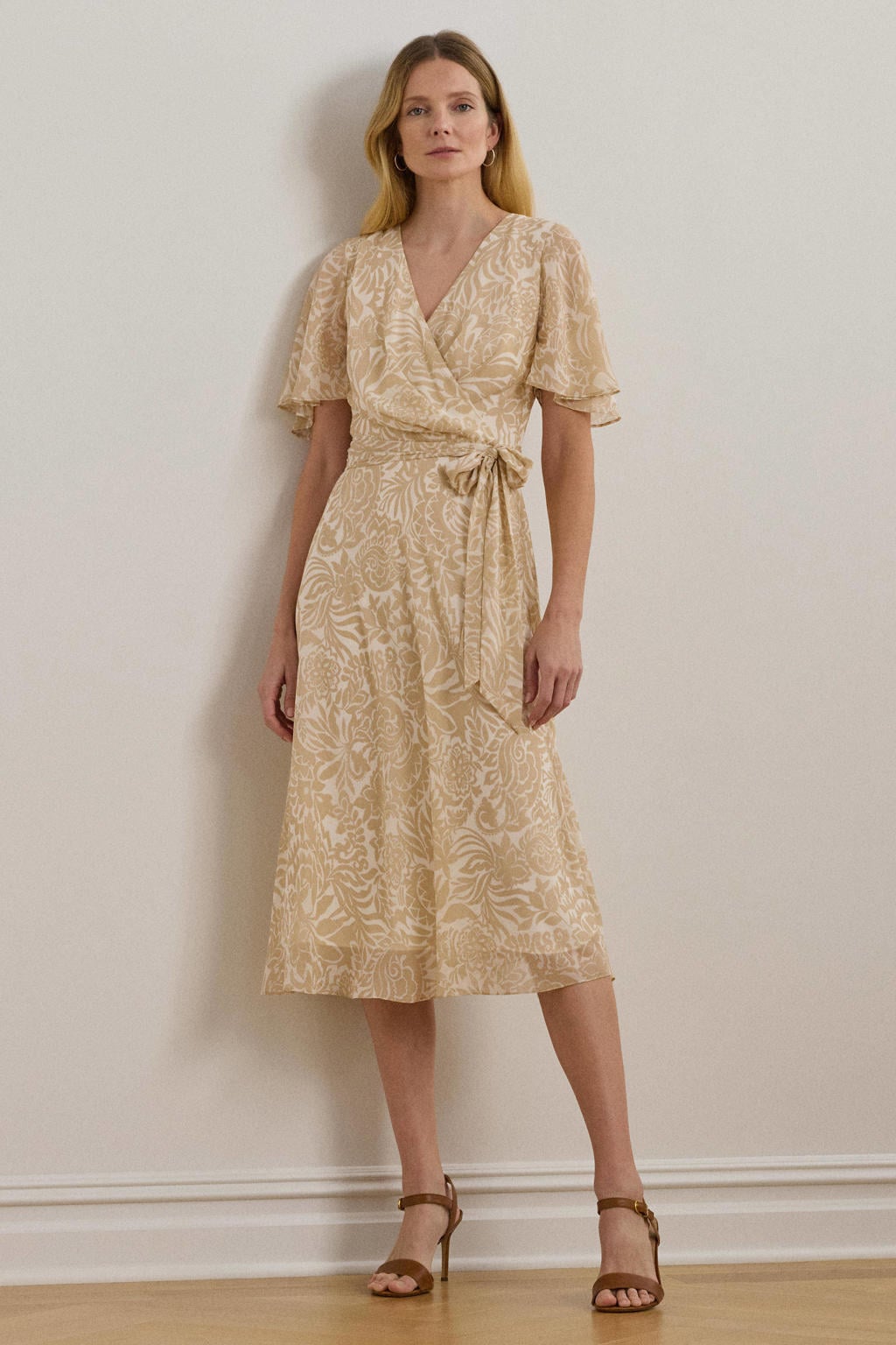 Beige dames Lauren Ralph Lauren wikkel- overslagjurk van polyester met bloemenprint, korte mouwen en striksluiting