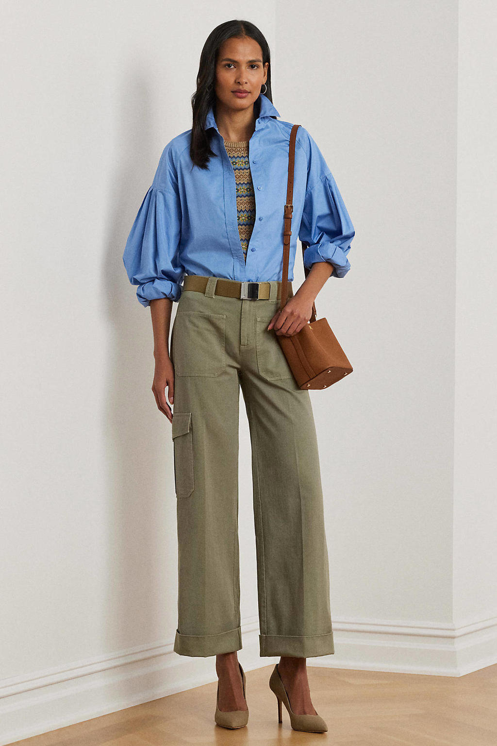 Kakikleurige dames Lauren Ralph Lauren wide leg jeans van katoen met rits- en knoopsluiting en effen