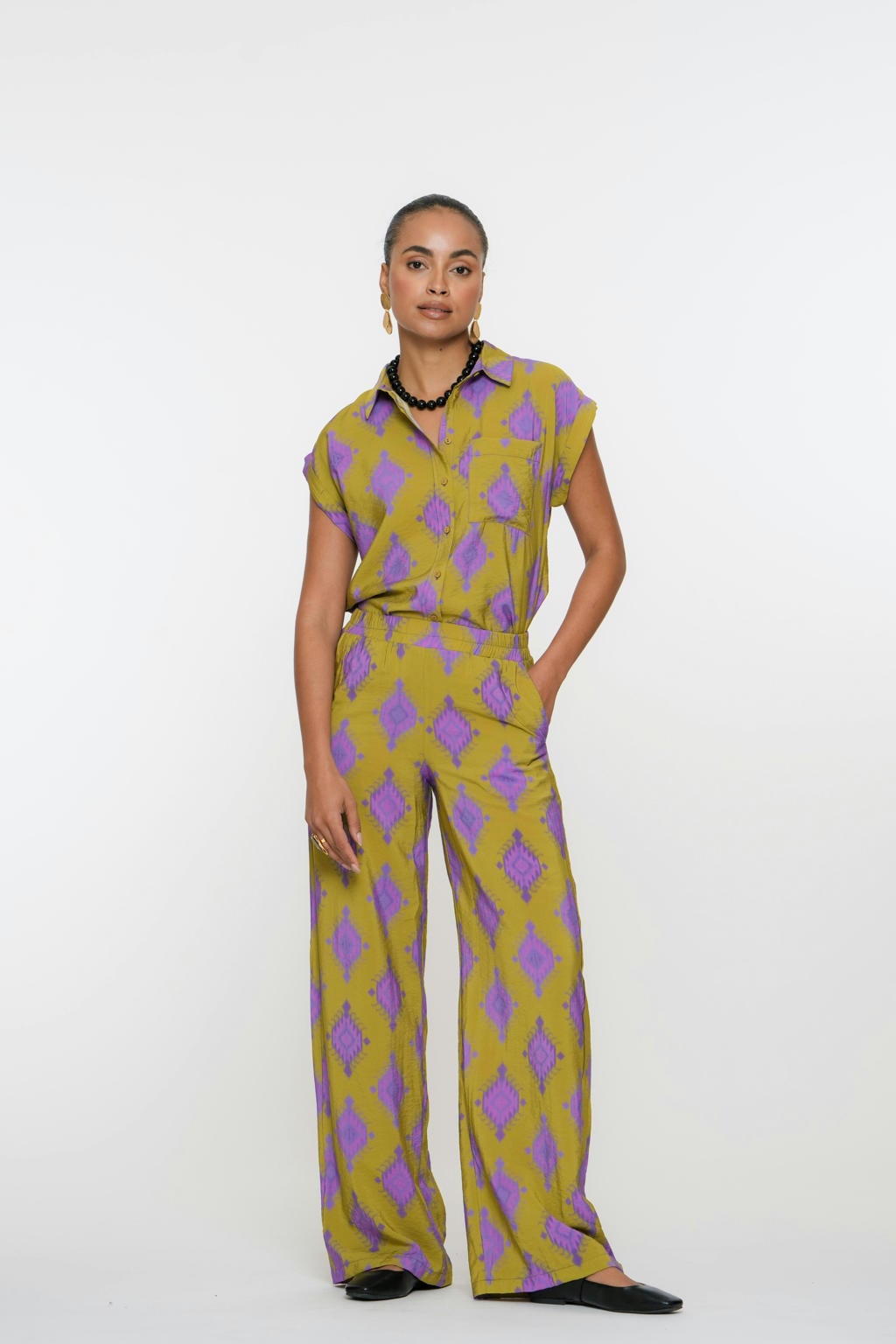 Groen en paarse dames Geisha straight regular waist broek van viscose met elastische tailleband