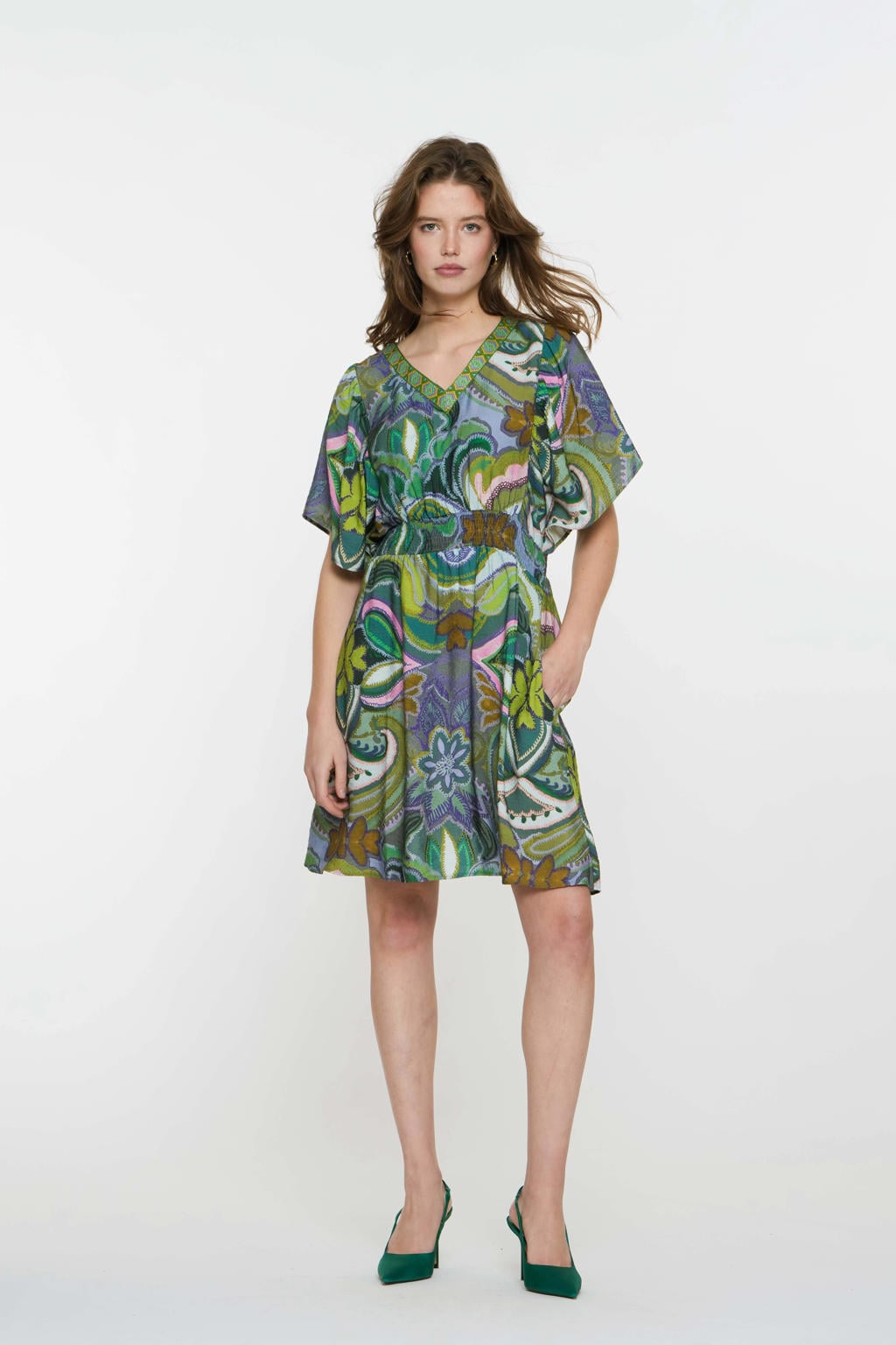 Groen en paarse dames Geisha korte jurk van viscose met korte mouwen, V-hals en elastische boord