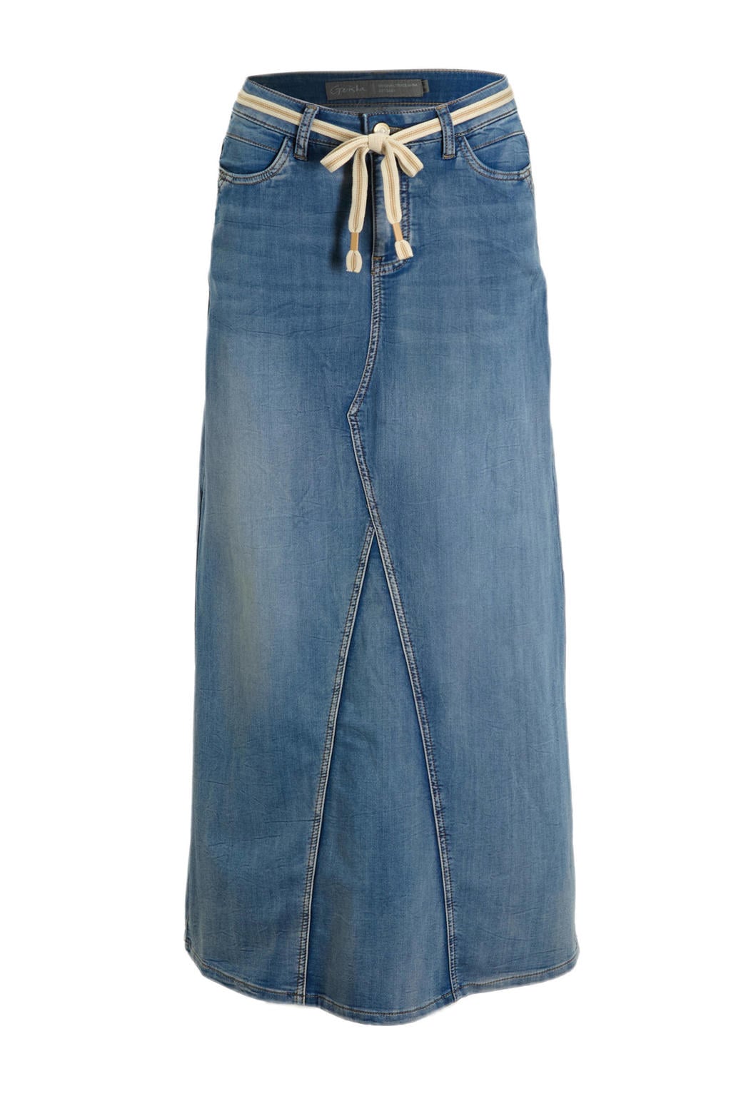 Medium blue denim dames Geisha spijkerrok gemaakt van denim en met rits- en knoopsluiting