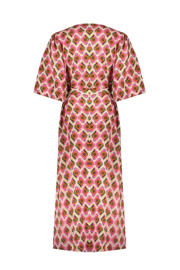 thumbnail: Ecru, roze en oranje dames Geisha blousejurk van viscose met korte mouwen en V-hals