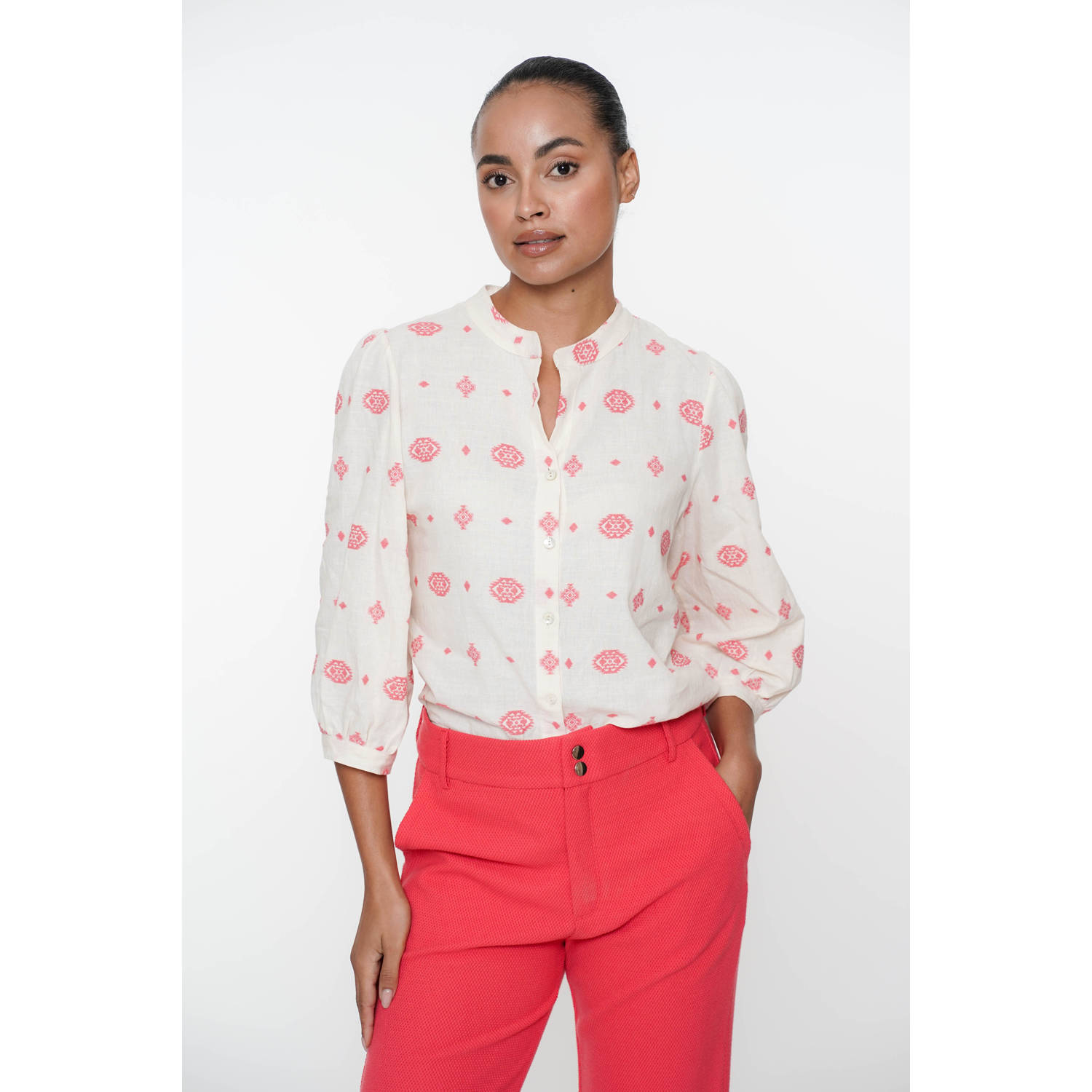 Geisha Geborduurde Blouse in Off-White Koraal Multicolor Dames