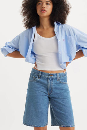 wide leg regular waist denim short medium blue denim