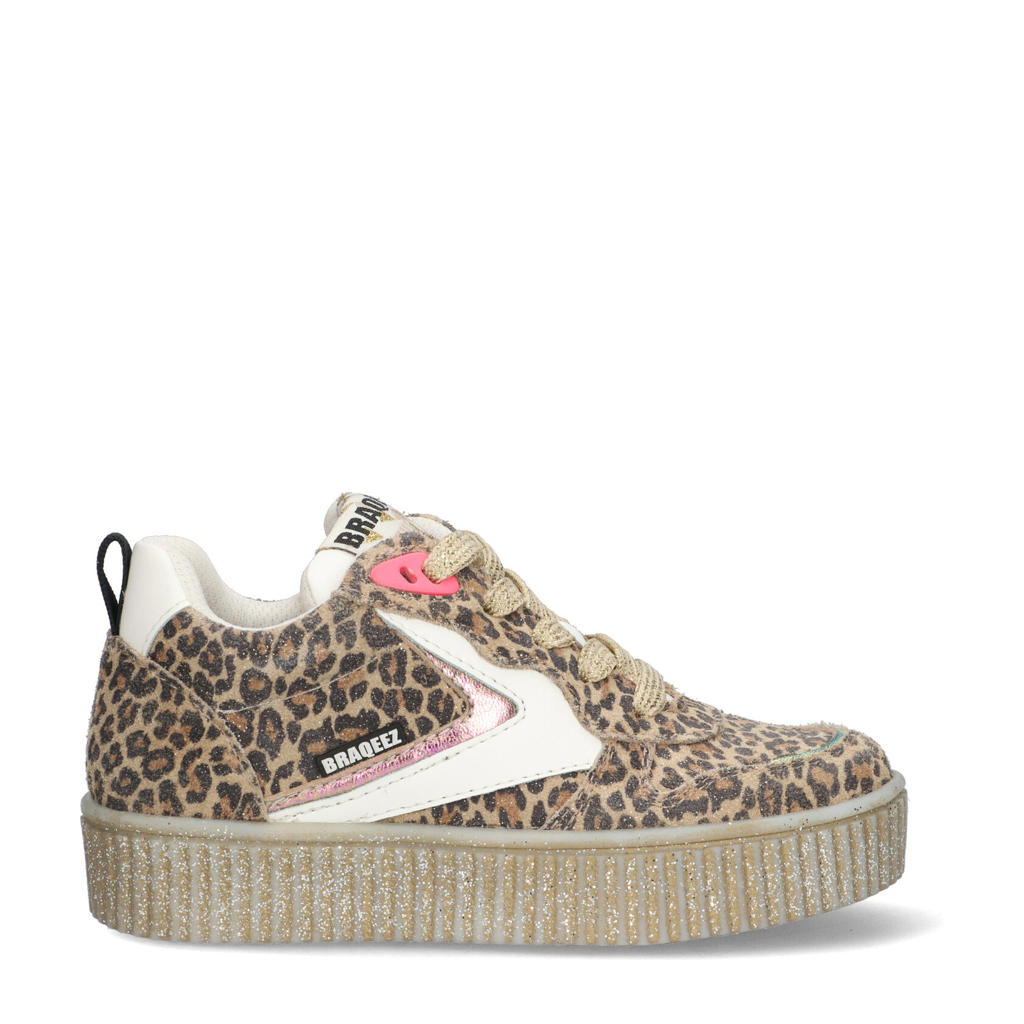 Beige meisjes Braqeez Puk Paris leren sneakers met panterprint