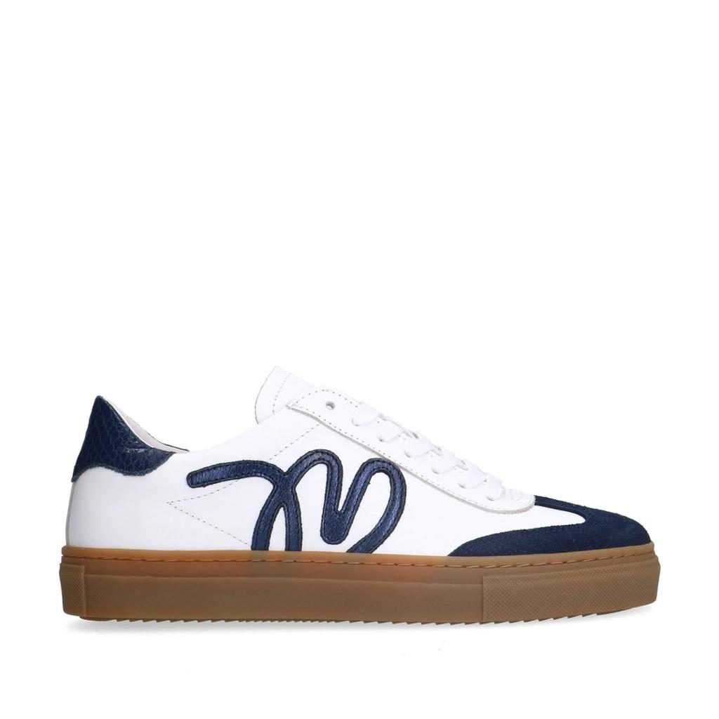 Wit en blauwe dames Manfield leren sneakers met veters en effen