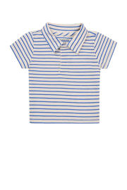 thumbnail: Blauw en beige jongens Noppies baby T-shirt van katoen met strepenprint, korte mouwen, polo kraag en blinde knoopsluiting