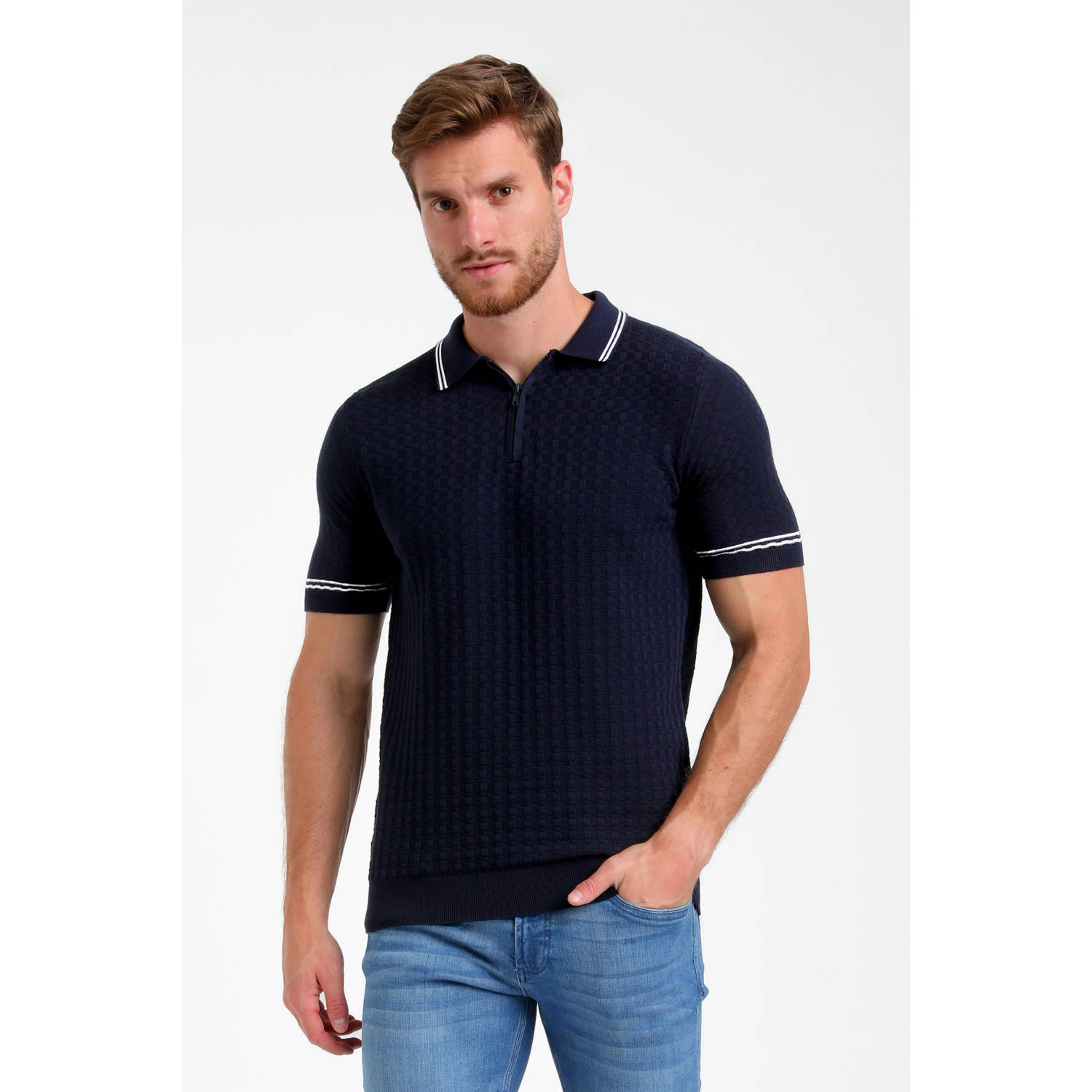GABBIANO regular polo gebreid donkerblauw