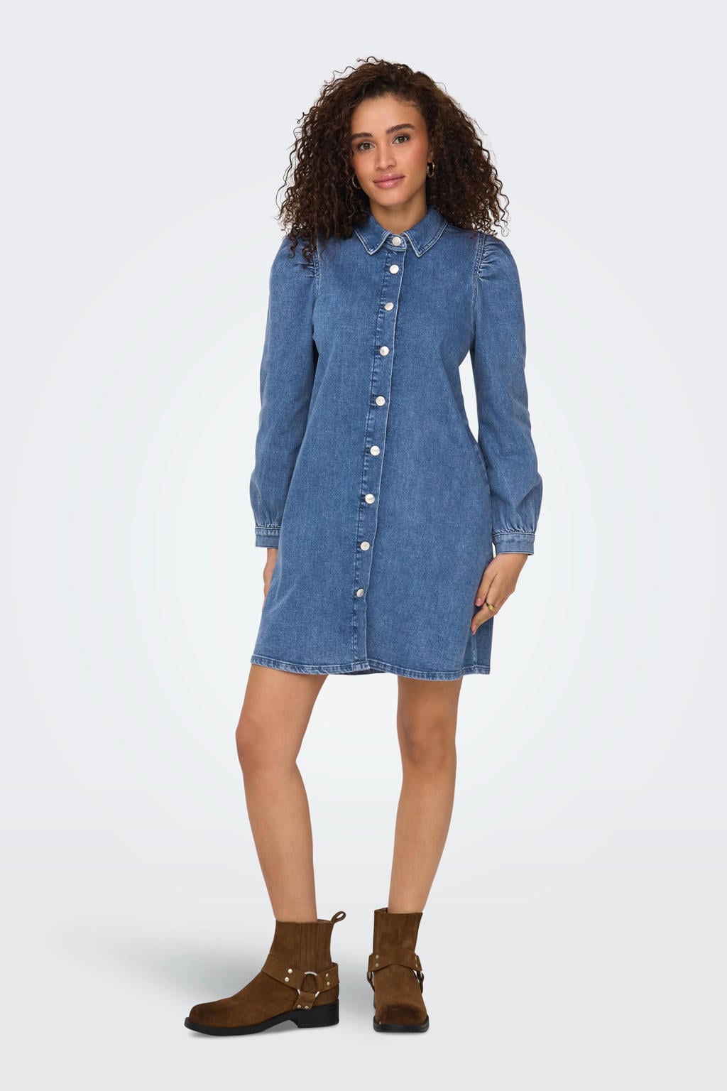 Medium blue denim dames ONLY spijkerjurk van denim met effen, lange mouwen, klassieke kraag en knoopsluiting