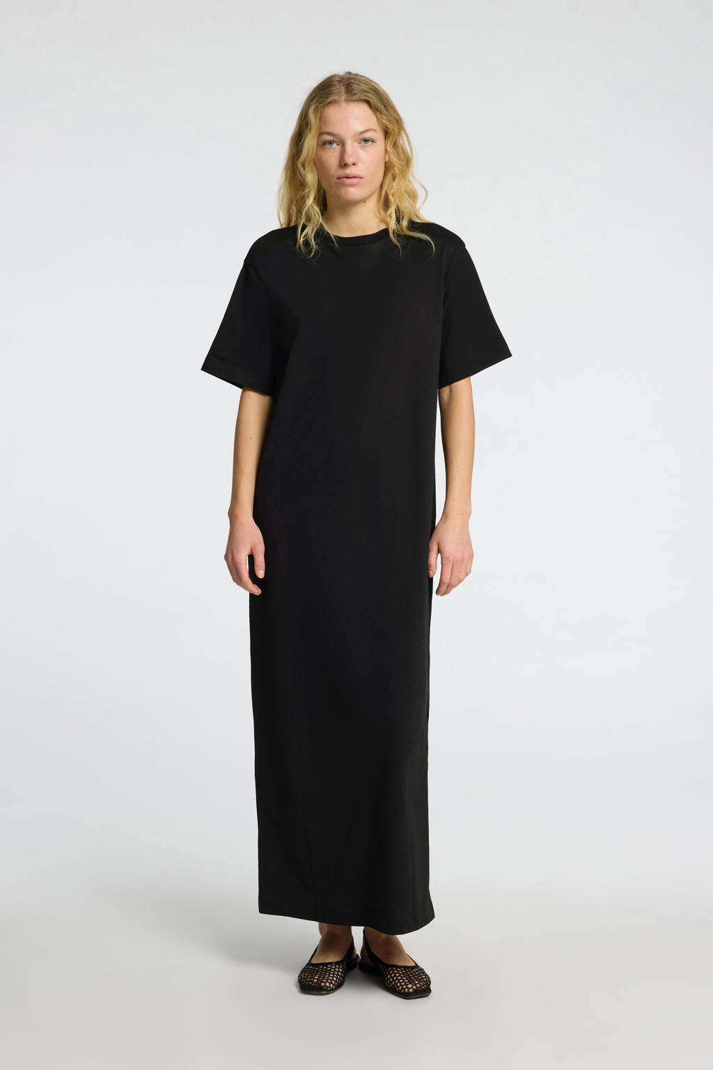 Zwarte dames SELECTED FEMME maxi jurk van jersey met effen, korte mouwen, ronde hals en striksluiting