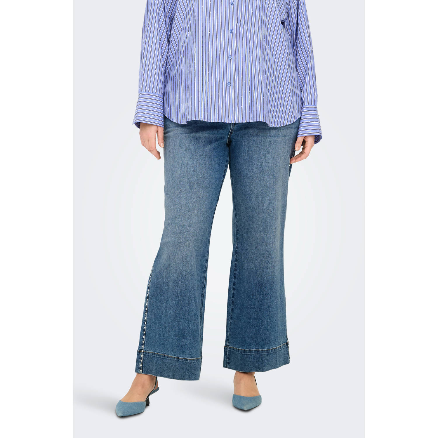 ONLY CARMAKOMA high waist wide leg jeans medium blue denim studs