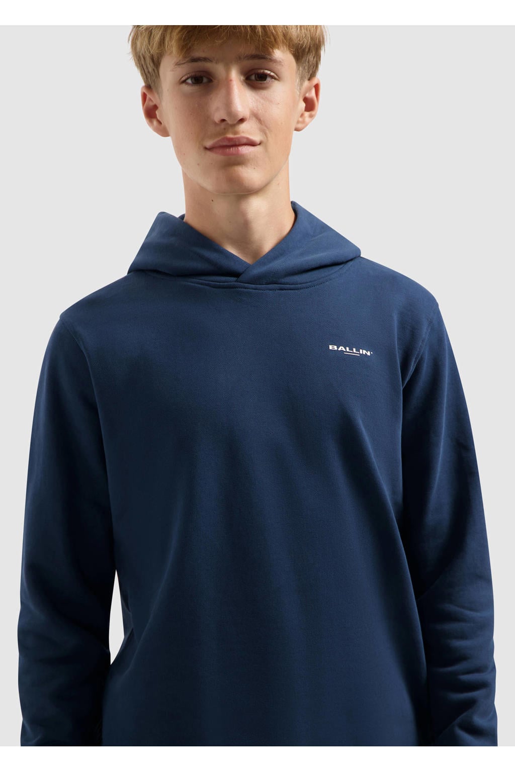 Blauwe jongens Ballin sweater van katoen met effen, lange mouwen, capuchon en geribde boorden