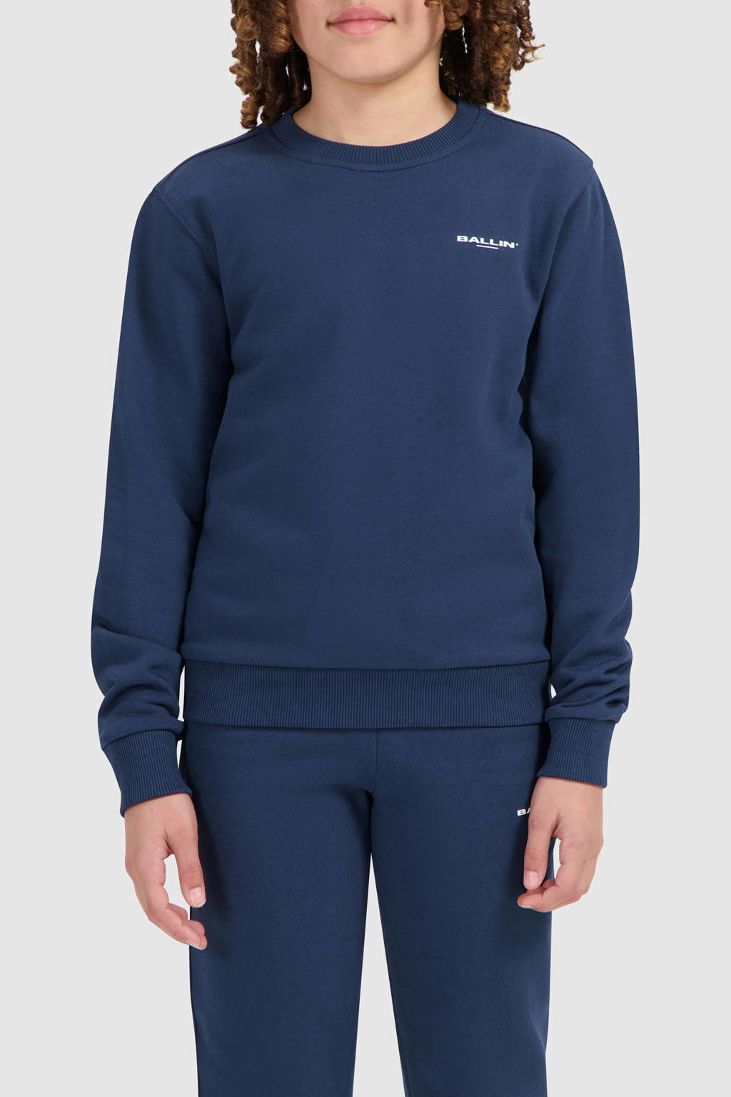 Blauwe jongens Ballin sweater van katoen met effen, lange mouwen, ronde hals en geribde boorden