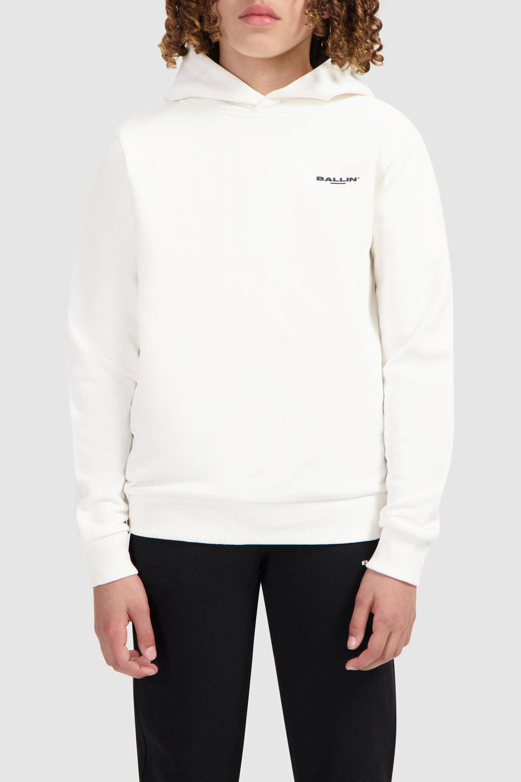 Witte jongens Ballin sweater van katoen met effen, lange mouwen, capuchon en geribde boorden