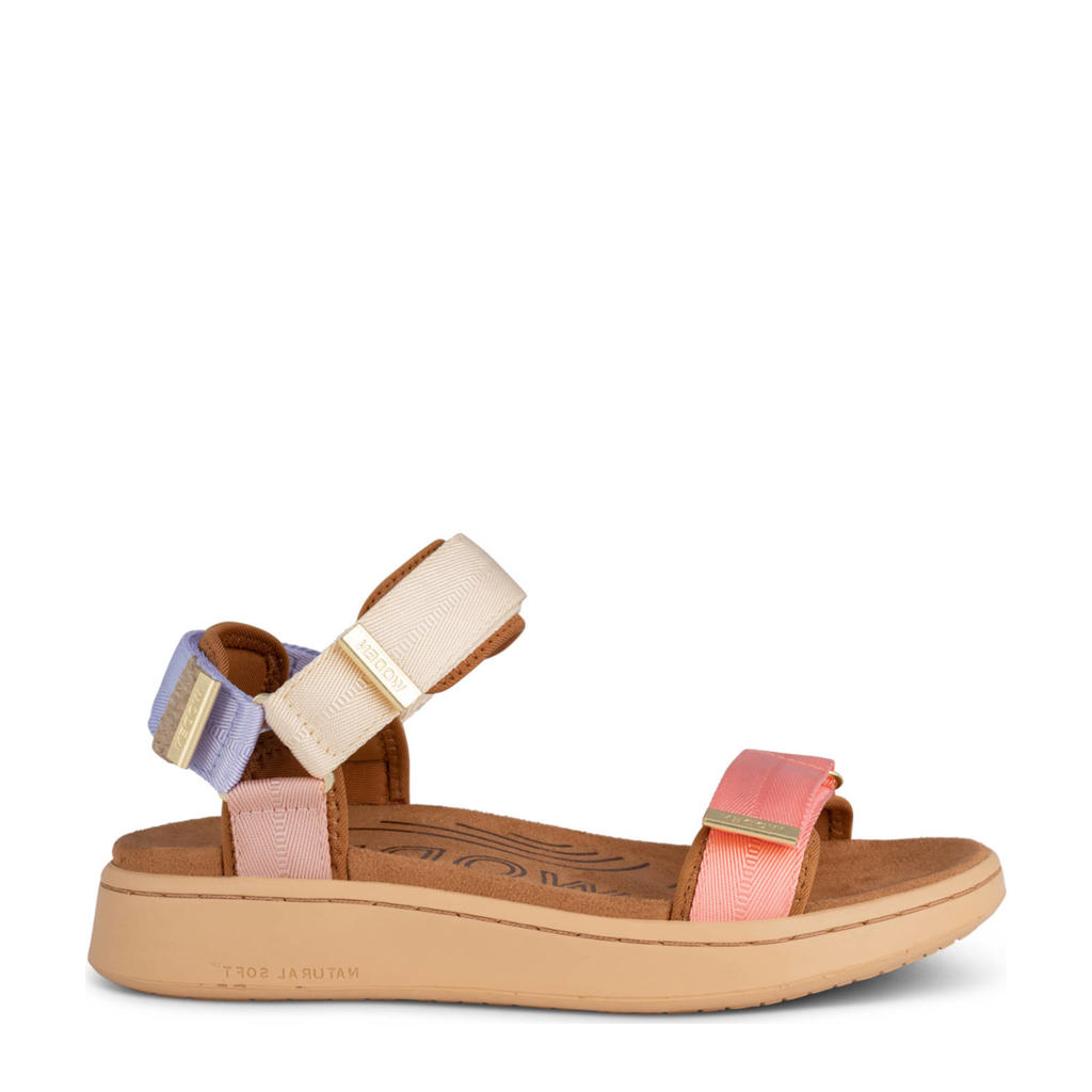 Roze dames Woden sandalen van textiel met klittenband