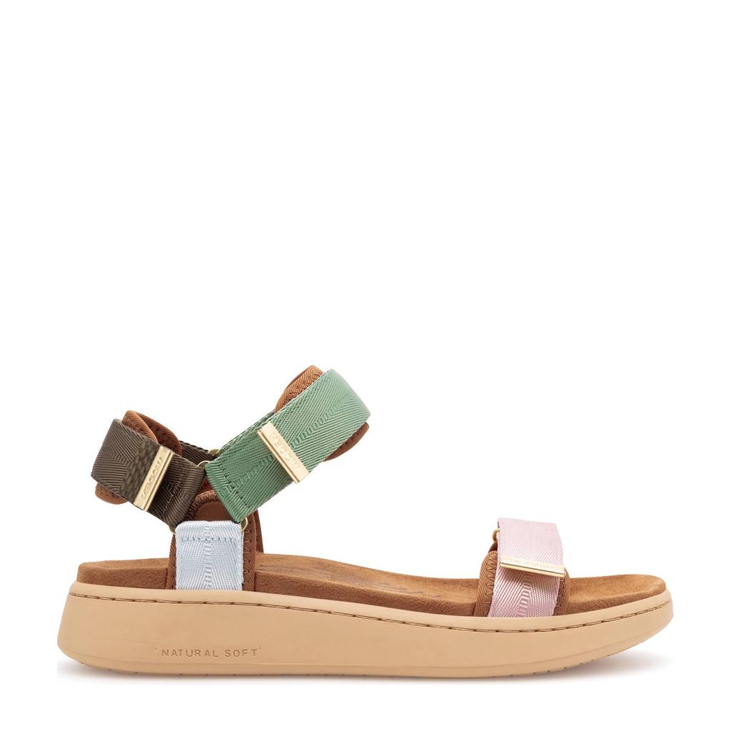 Roze en groene dames Woden sandalen van textiel met klittenband