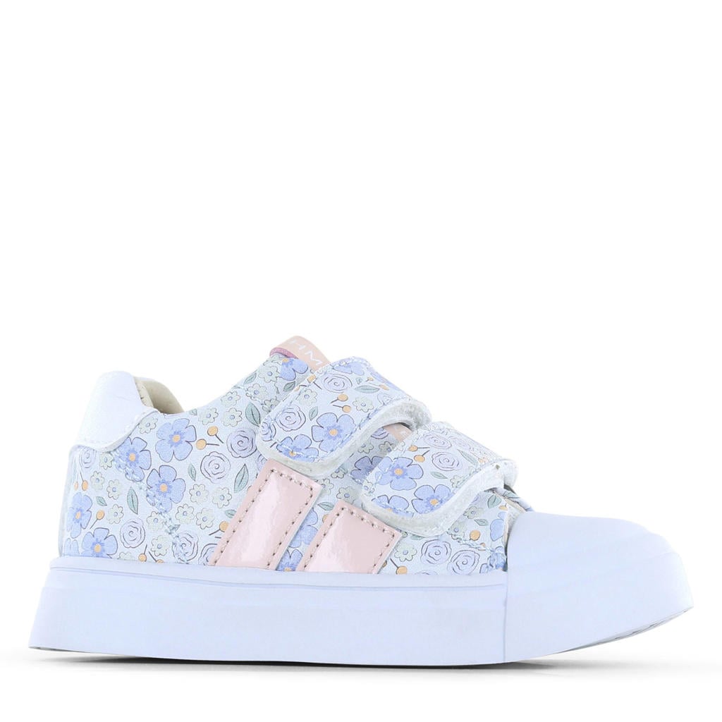 Blauw en roze meisjes Shoesme gebloemde leren sneakers met klittenband