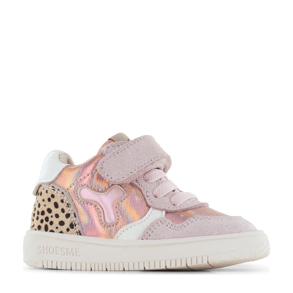 Roze en metallickleurige meisjes Shoesme leren sneakers met elastische veter- met klittenbandsluiting