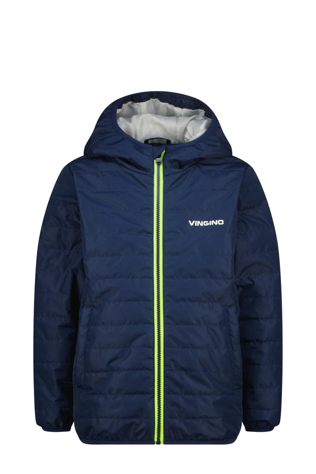 Donkerblauwe jongens Vingino jack van nylon met logo dessin, lange mouwen, capuchon en ritssluiting