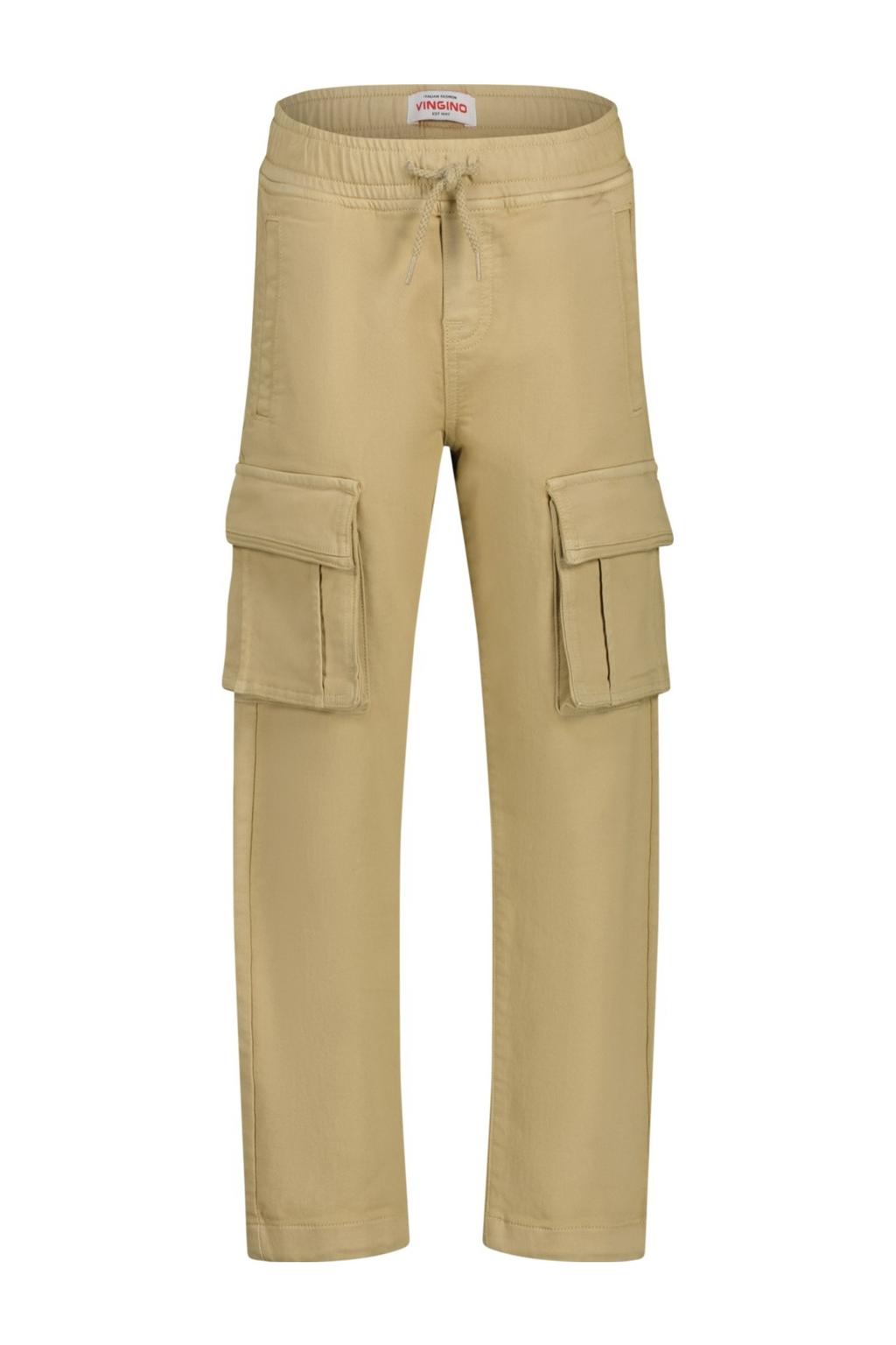Beige jongens Vingino loose cargobroek van katoen met regular waist, elastische tailleband met koord en effen
