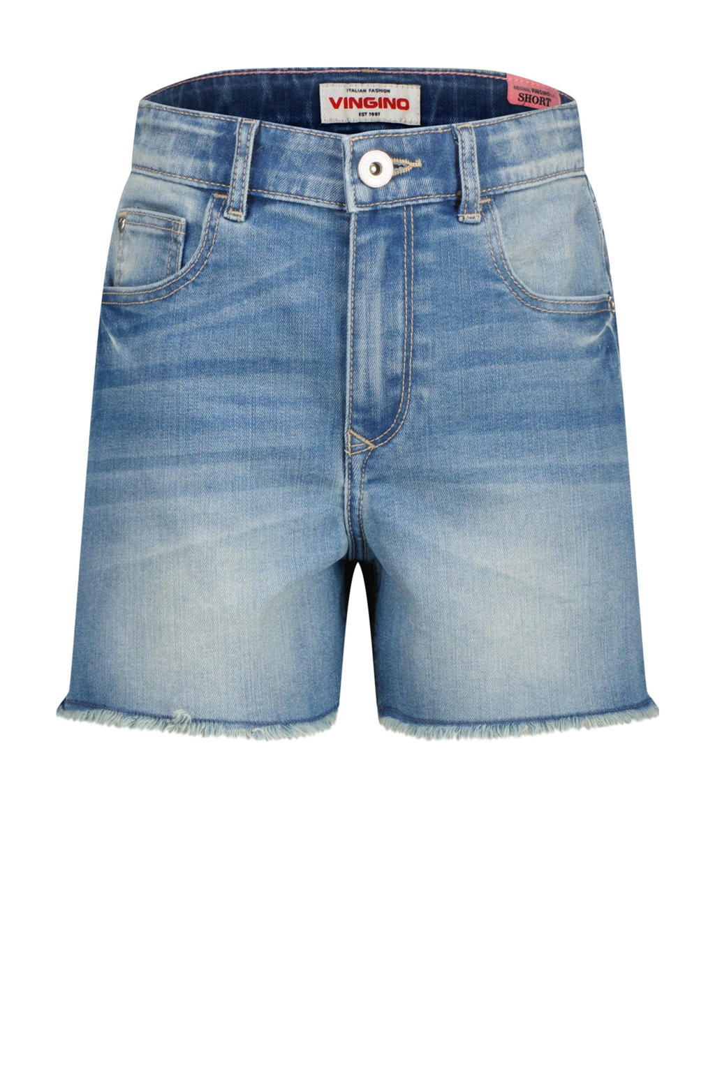 Medium blue denim meisjes Vingino wide leg short van denim met rits- en knoopsluiting en effen