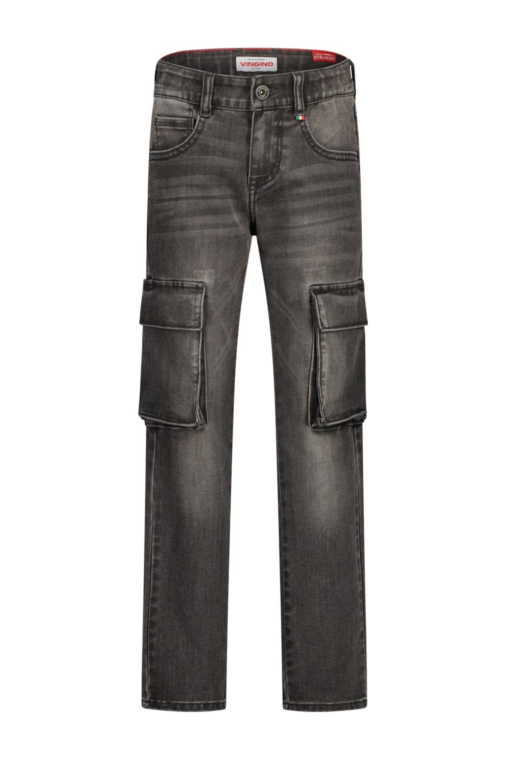 Black denim jongens Vingino straight leg cargo jeans black van denim met rits- en knoopsluiting en effen