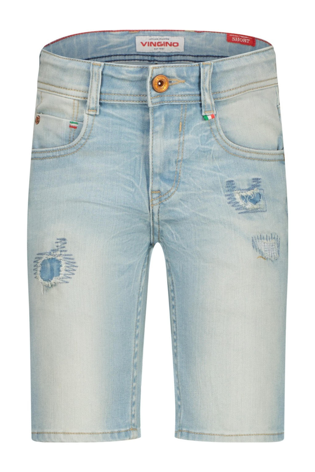 Light blue denim jongens Vingino regular short van denim met rits- en knoopsluiting en effen