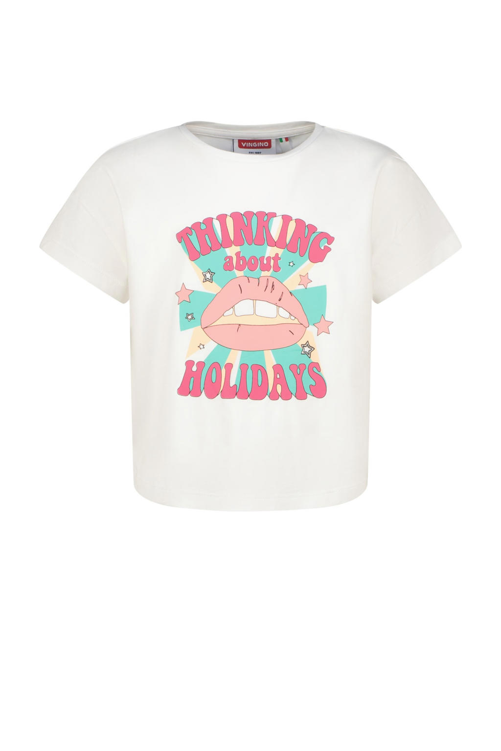 Witte meisjes Vingino T-shirt van katoen met printopdruk, korte mouwen en ronde hals