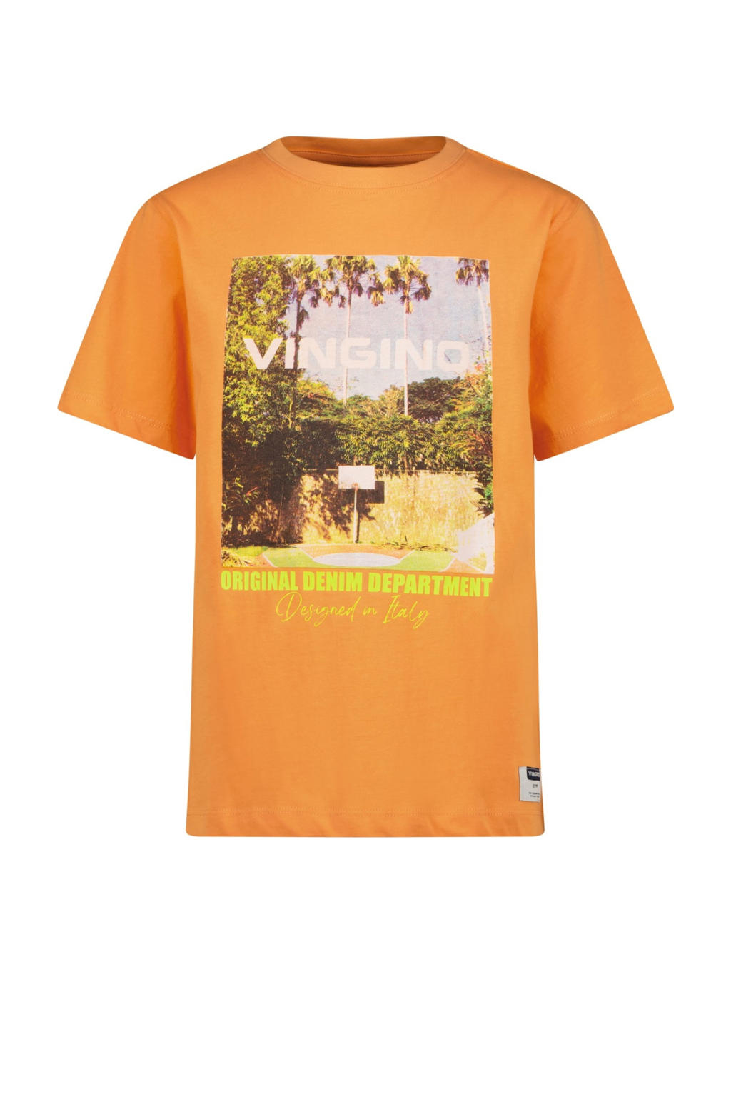 Oranje jongens Vingino T-shirt van katoen met printopdruk, korte mouwen en ronde hals