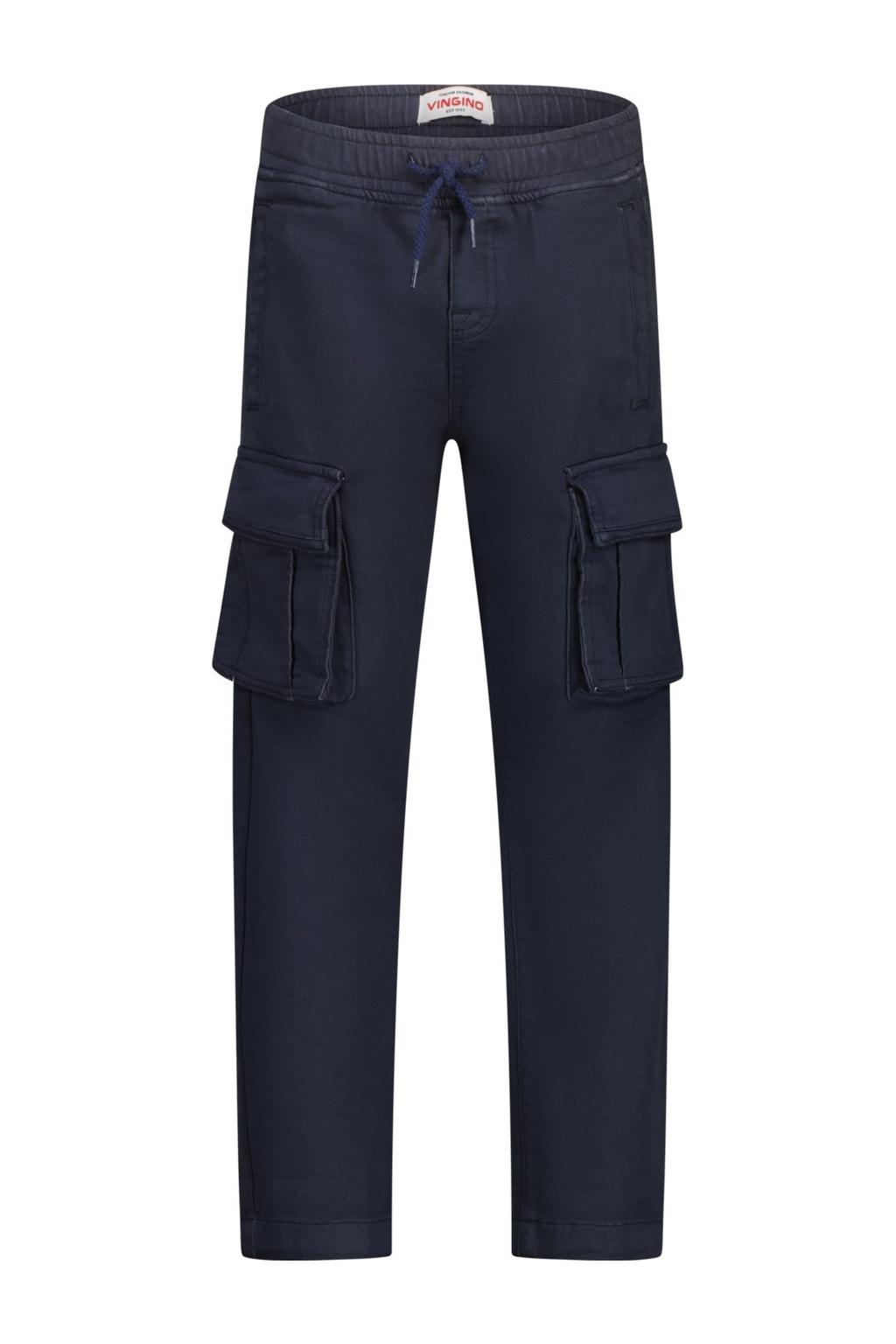 Donkerblauwe jongens Vingino loose cargobroek van katoen met regular waist, elastische tailleband met koord en effen