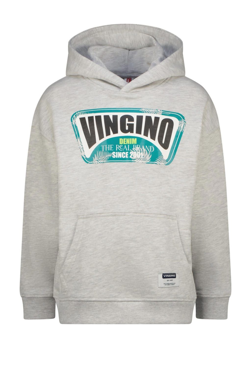 Grijze jongens Vingino hoodie van sweat materiaal met logo dessin, lange mouwen en capuchon