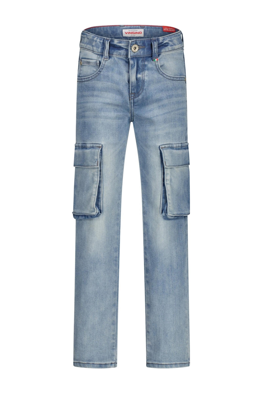 Medium blue denim jongens Vingino straight leg cargo jeans van denim met rits- en knoopsluiting en effen