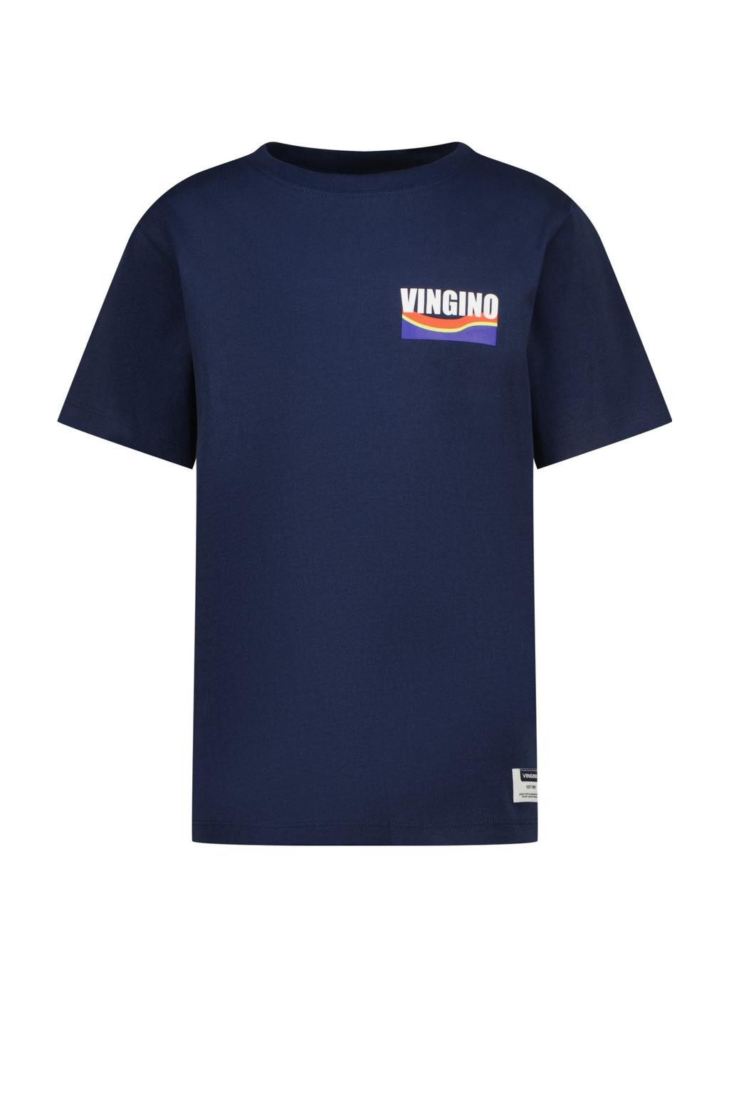 Donkerblauwe jongens Vingino T-shirt van katoen met backprint, korte mouwen en ronde hals