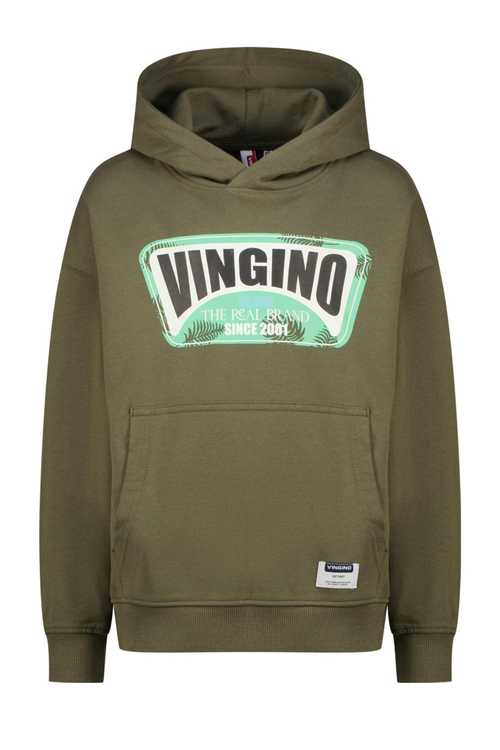 Groene jongens Vingino hoodie van sweat materiaal met logo dessin, lange mouwen en capuchon