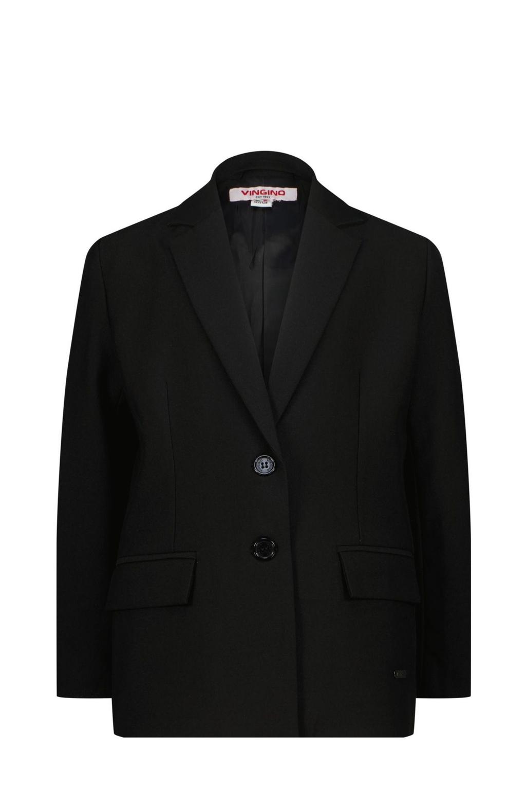 Zwarte meisjes Vingino regular fit blazer van polyester met effen, lange mouwen en reverskraag