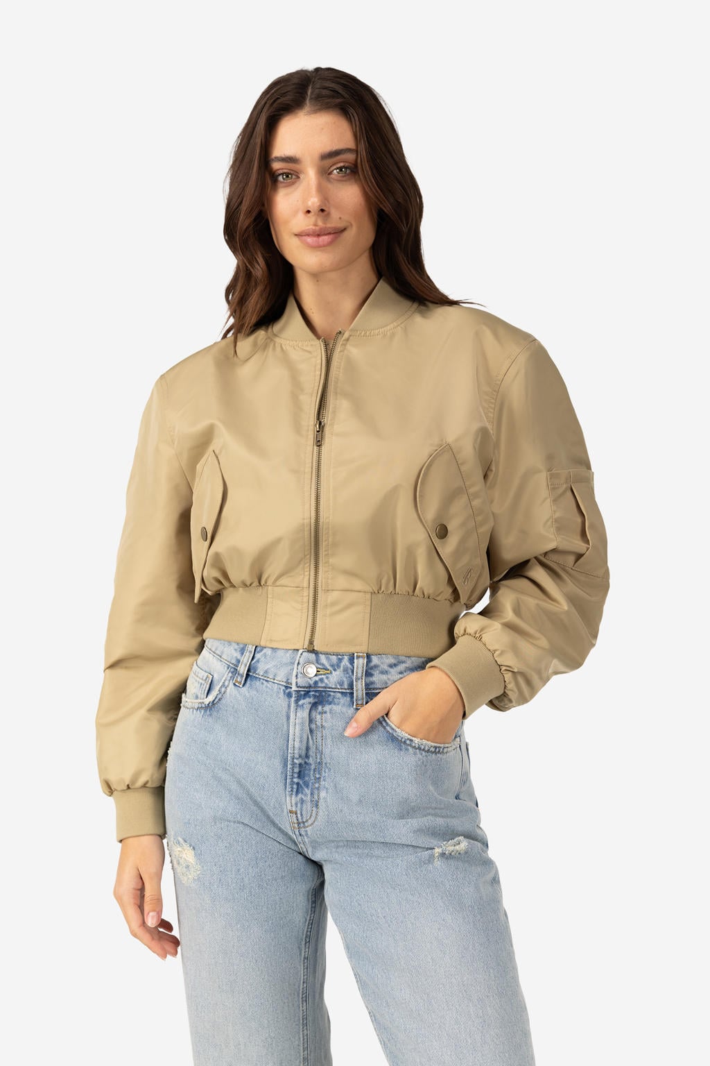 Bronzen dames IBANA bomberjack van nylon met effen, lange mouwen, opstaande kraag en ritssluiting