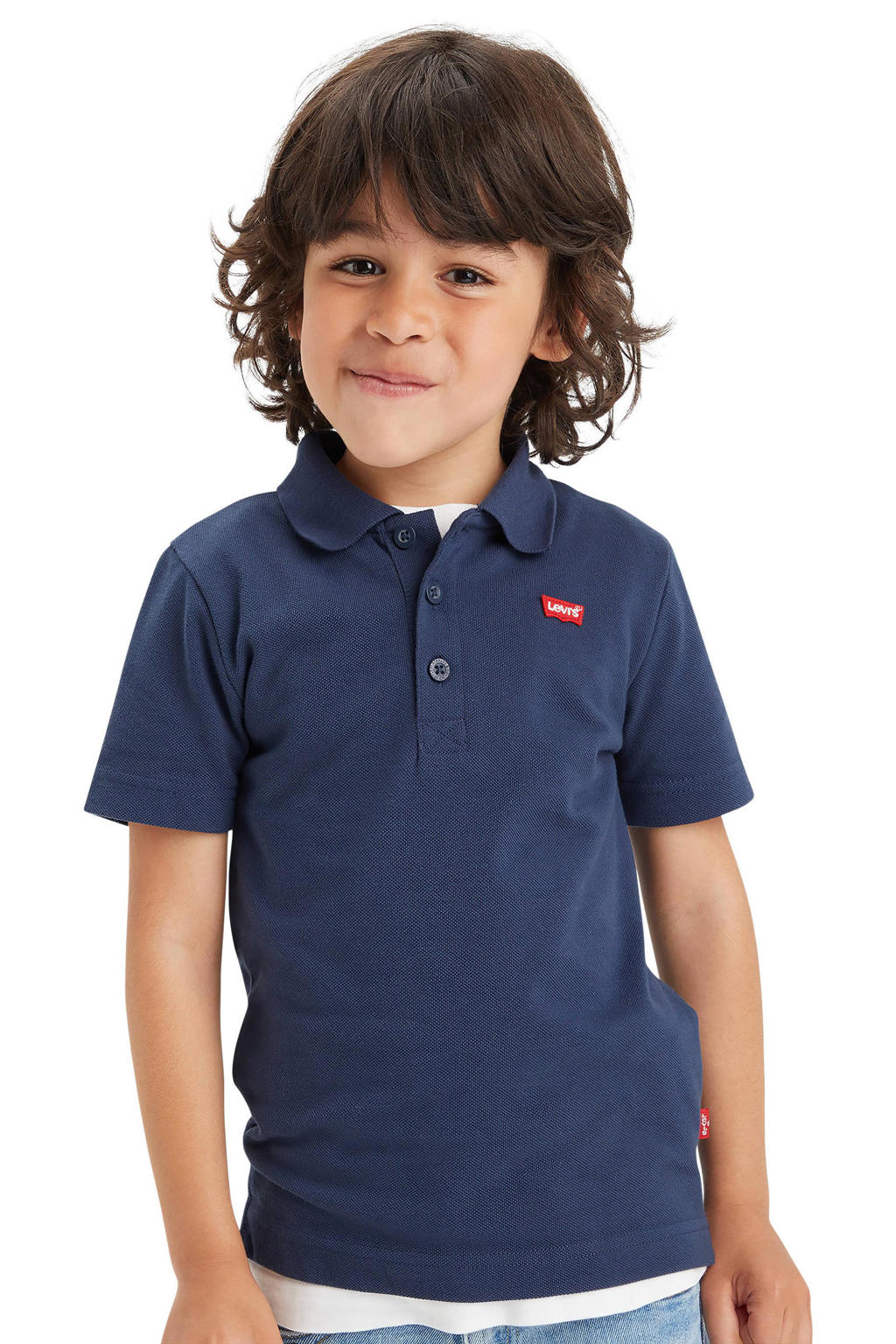 Donkerblauwe jongens Levi's Kids polo van katoen met effen, korte mouwen en knoopsluiting