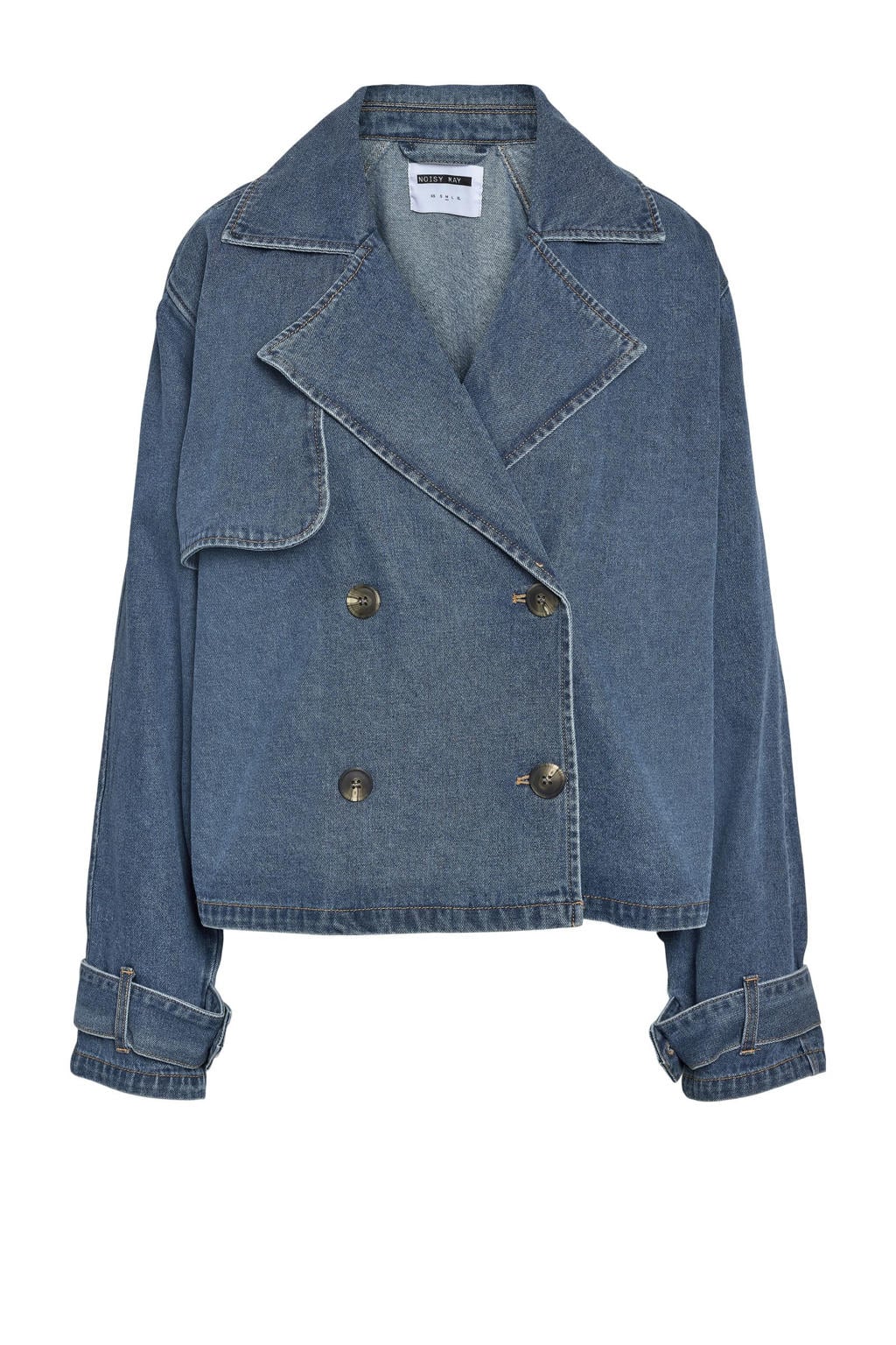 Light blue denim dames NOISY MAY Curve trenchcoat van denim met effen, lange mouwen en double breasted sluiting