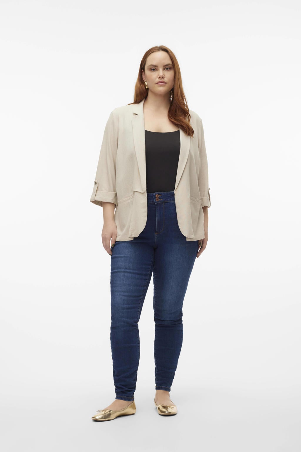 Beige dames VERO MODA CURVE regular blazer van linnen met effen, lange mouwen, reverskraag en geweven detail