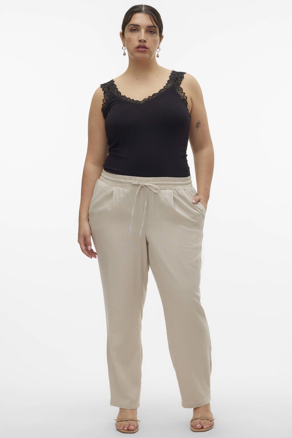 Lichtgrijze dames VERO MODA CURVE wide leg high waist broek van linnen met elastische tailleband met koord en effen