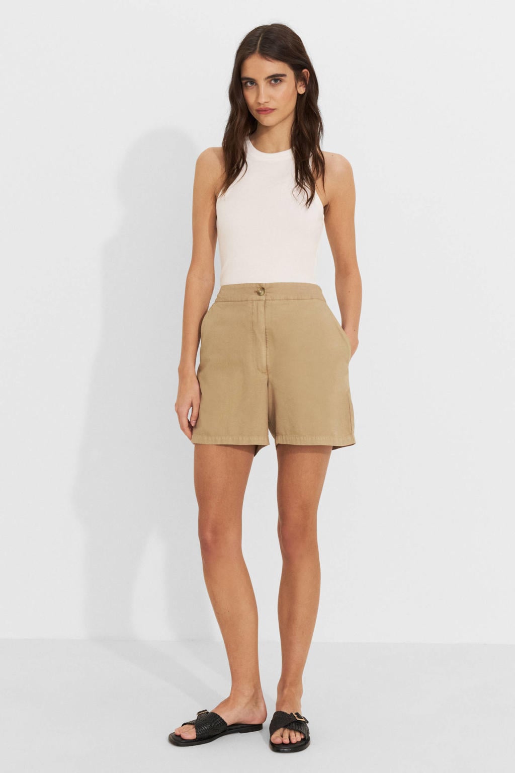Beige dames Ruby korte broek van katoen-lyocell met regular fit, regular waist, rits- en knoopsluiting en effen