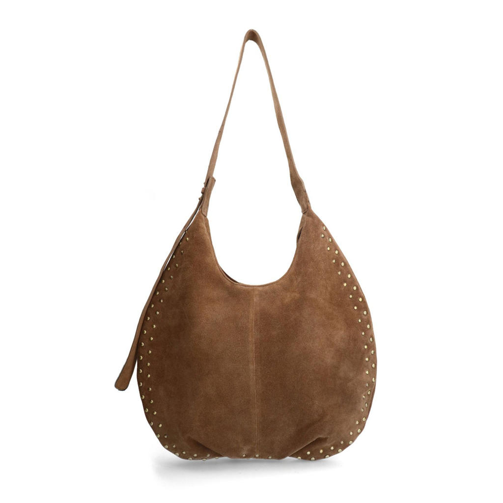 Manfield suede schoudertas met studs bruin