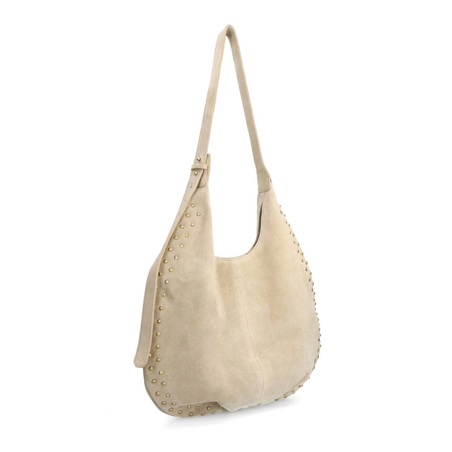 Manfield suede schoudertas met studs beige