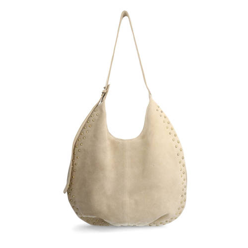 Manfield suede schoudertas met studs beige afbeelding