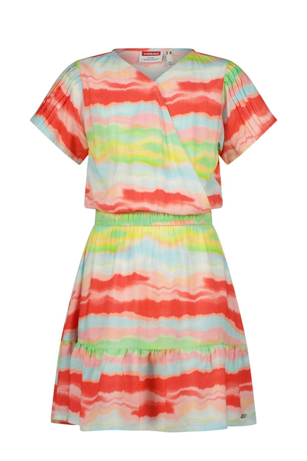 Rode meisjes Vingino midi jurk van viscose met strepenprint, korte mouwen, V-hals en overslag detail