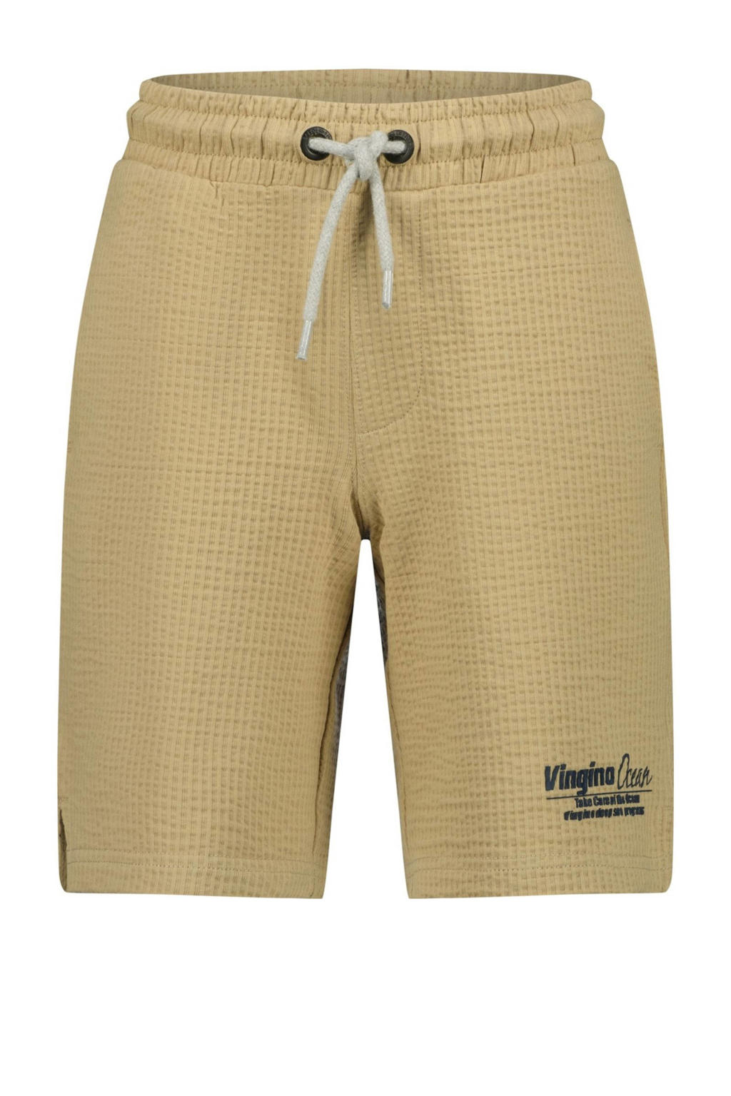 Zandkleurige jongens Vingino regular casual short van sweat materiaal met elastische tailleband met koord en tekst print