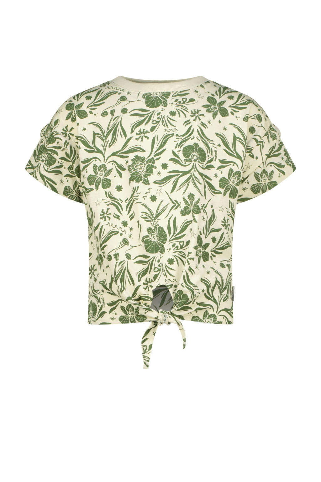 Beige en groene meisjes Vingino T-shirt van katoen met bloemenprint, korte mouwen, ronde hals en knoopdetail