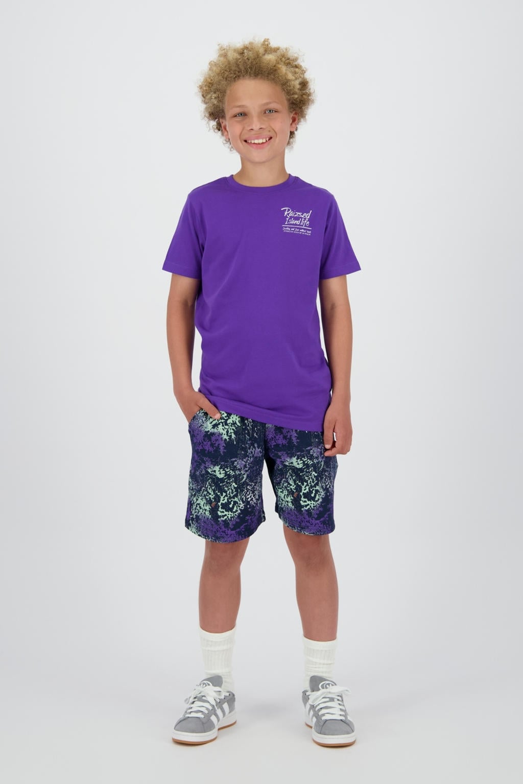 Paars, zwart en mintgroene jongens Raizzed sweatshort met elastische tailleband met koord en effen